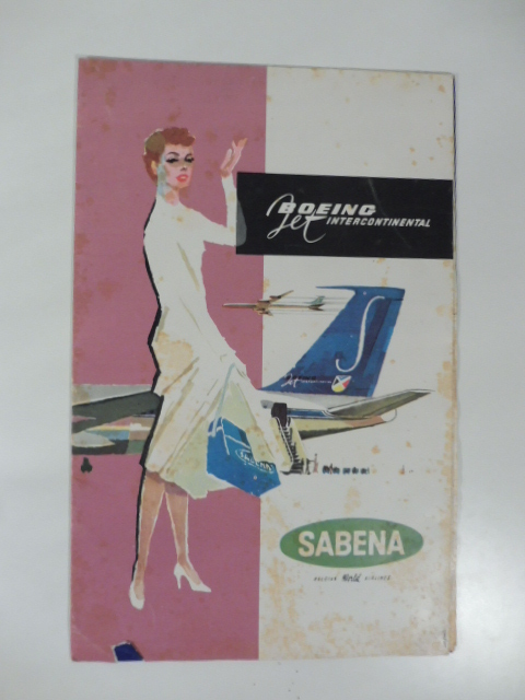 Boeing jet intercontinental Sabena. Belgian World Airlines. Pieghevole pubblicitario